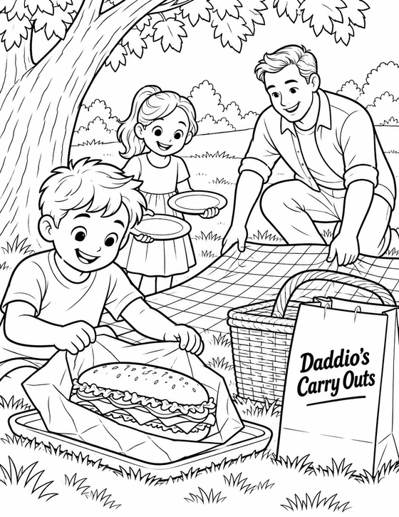 A child opens a wrapped sandwich while the family spreads a picnic blanket.