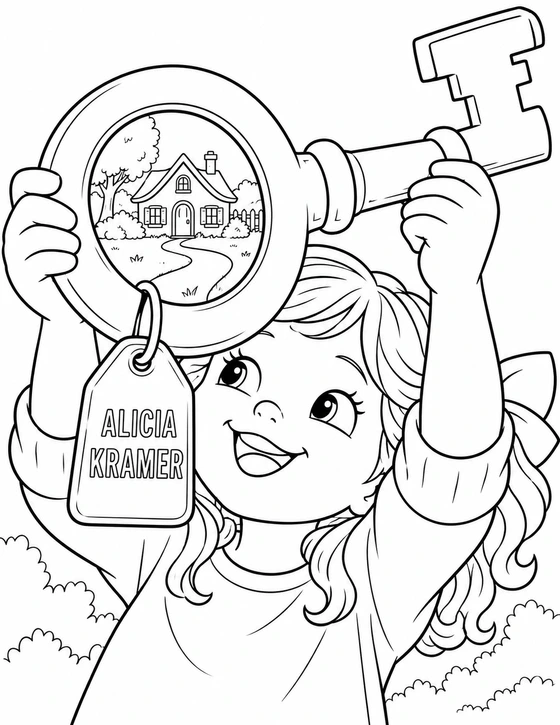 A child holds an enormous key and discovers a welcoming cottage through its decorative bow.