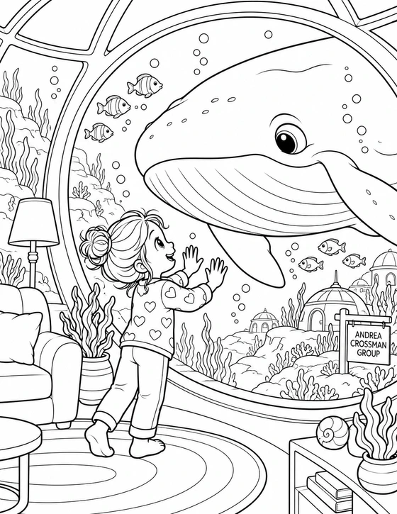 A child meets a smiling whale eye to eye through the huge window of an underwater home.