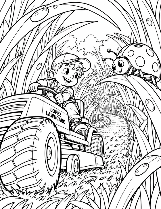 A tiny gardener drives into a backyard jungle where grass towers overhead and a ladybug is as big as the mower.