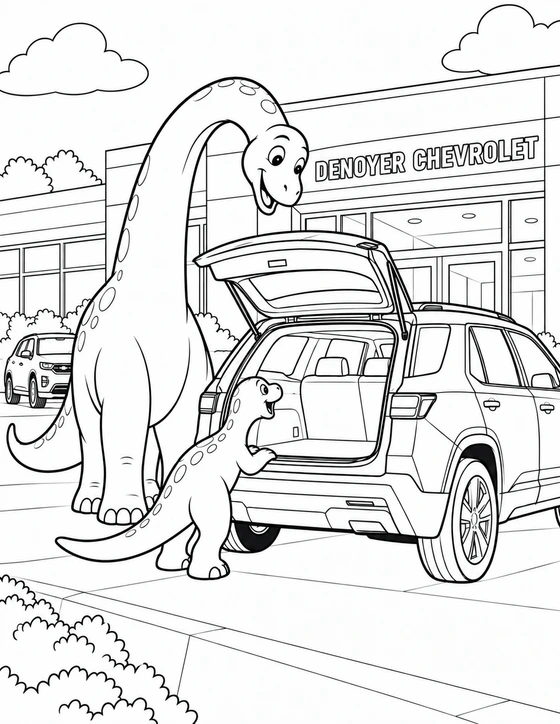 A friendly dinosaur parent and youngster arrive on foot to choose a roomy adventure vehicle.