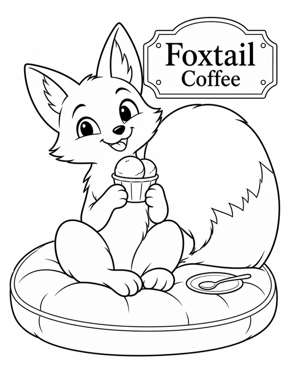A cheerful fox curls its enormous tail around a cushion while holding two scoops of gelato.