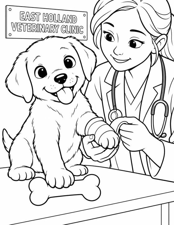 A veterinarian wraps one large bandage around a puppy’s front paw while the puppy steadies a toy bone with the other paw. An imagined page grounded in East Holland Veterinary Clinic's pet services work.