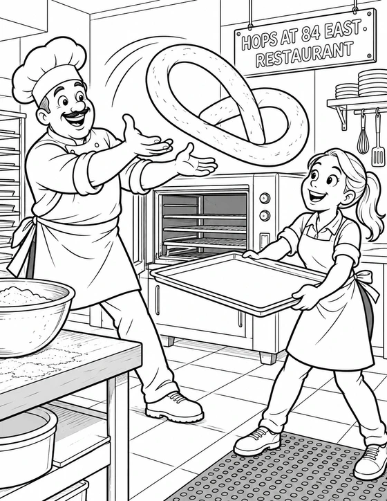 A cook flips one enormous loop of pretzel dough toward a broad baking tray while a server catches the tray. An imagined page grounded in Hops at 84 East's restaurants work.