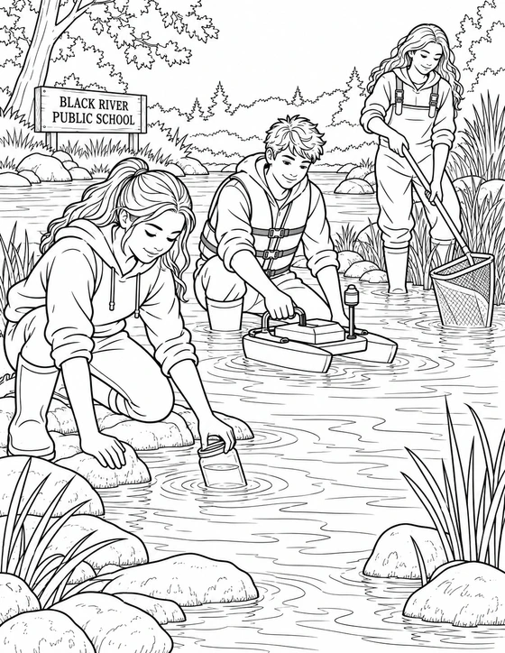 Older students collect a water sample, steady a sensor boat, and use a sampling net in the river.