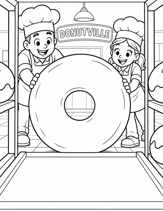 Two bakers roll one giant ring donut toward the open slot in a display rack. An imagined page grounded in Donutville's ice cream & bakeries work.