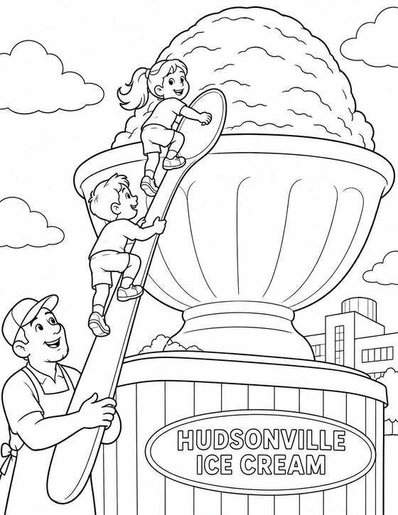 Children climb a spoon ladder to reach a giant ice-cream sundae while an adult steadies it.