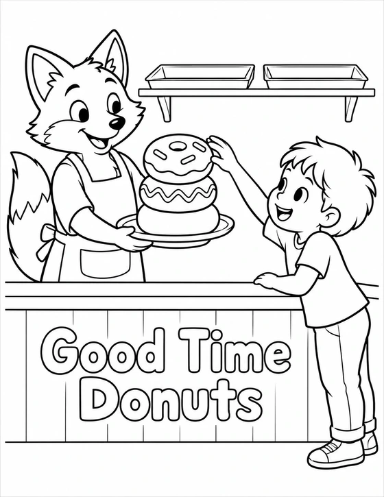 At an imagined donut counter, a fox baker proudly offers a platter with three big, different ring donuts; a delighted child reaches with one hand to choose the top donut.