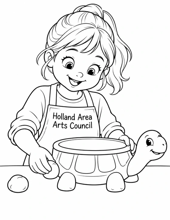 A young Holland Area Arts Council artist shapes a smiling turtle pot.