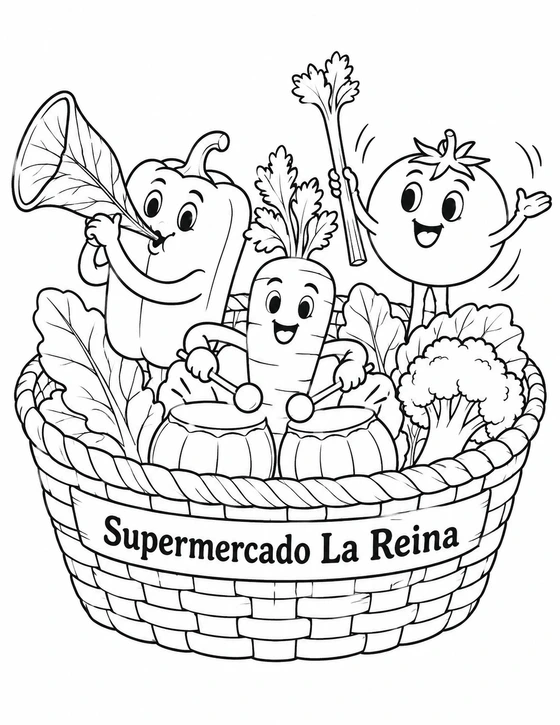 A pepper, carrot and tomato play a tiny concert in a Supermercado La Reina basket.