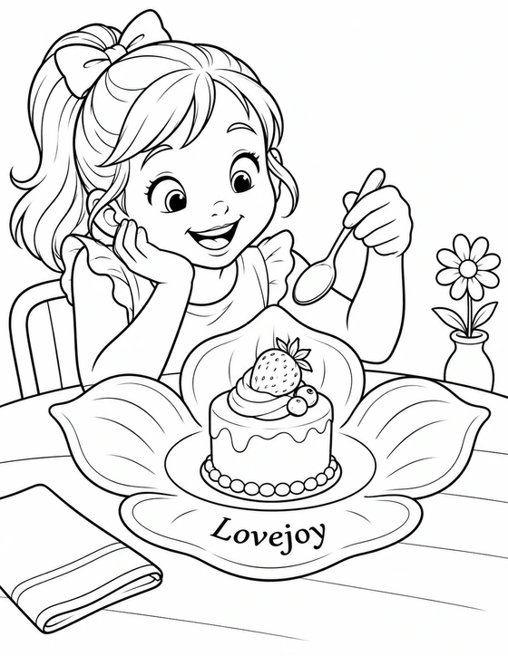 A child admires a berry-topped cake nestled in a giant flower-shaped dish at Lovejoy.