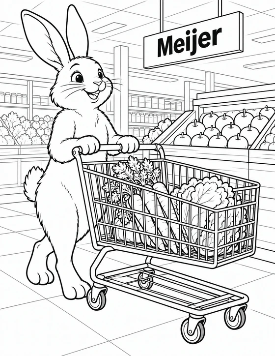 A rabbit pushes a cart of carrots and lettuce through a Meijer produce aisle.