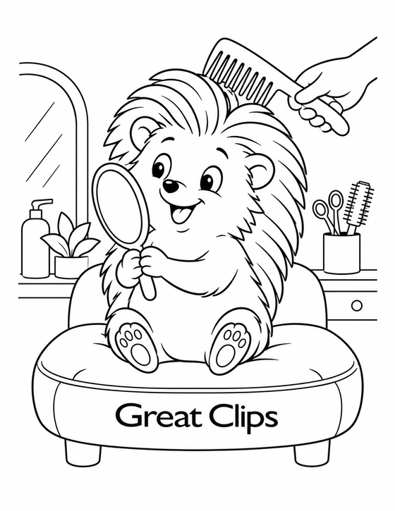 A smiling hedgehog admires its swept quills while a stylist combs them at Great Clips.