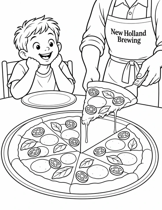 A child waits as a server lifts a pizza slice over an open wedge.