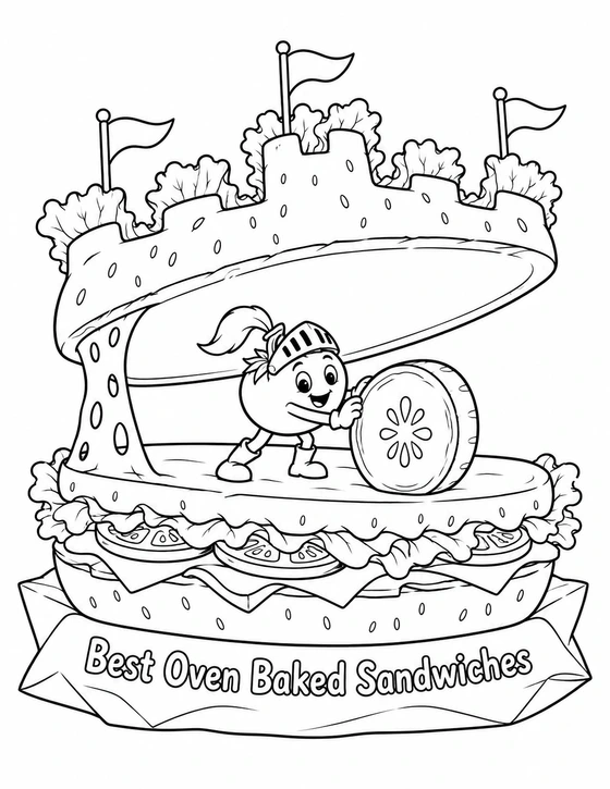 A tiny tomato knight rolls a cucumber wheel beneath a raised sandwich-castle roof.