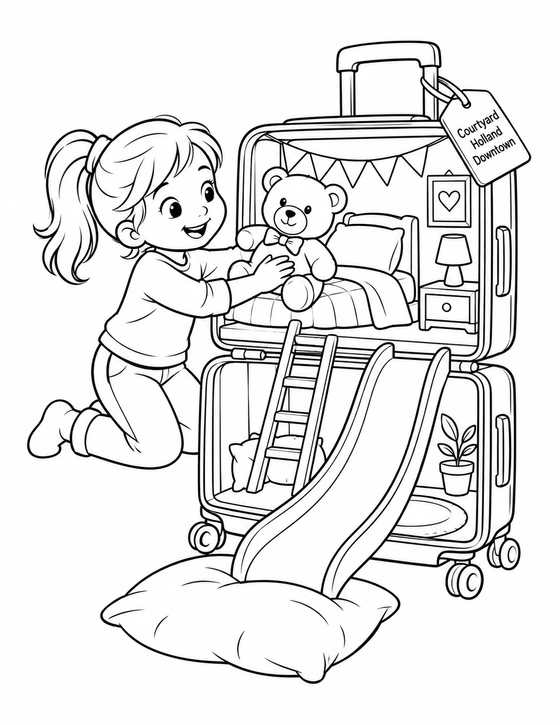 A child tucks a teddy into a tiny bedroom inside a Courtyard Holland Downtown suitcase with its own slide.