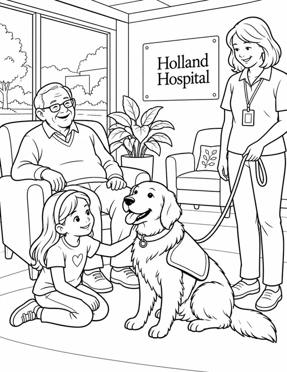 A child and older visitor meet a calm therapy dog and volunteer in a Holland Hospital lounge.