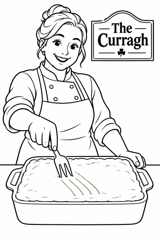 A Curragh cook presses an oversized three-pronged fork straight into the smooth mashed-potato top of a single Shepherd's Pie, leaving three broad grooves that radiate from the contact point.