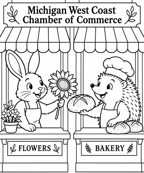 A rabbit florist and a hedgehog baker exchange a sunflower and a round loaf between their neighboring little shop windows.
