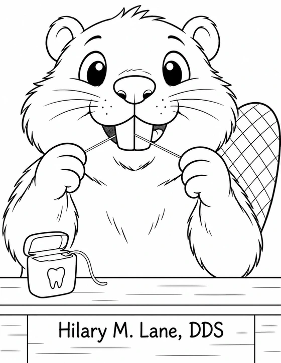 A delighted beaver carefully flosses between its two large front teeth, concentrating with its tongue tucked to one side.