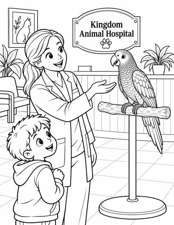 A bright-eyed pet parrot sits on a branch perch while a veterinarian and a young boy look at it with delight in an animal hospital.