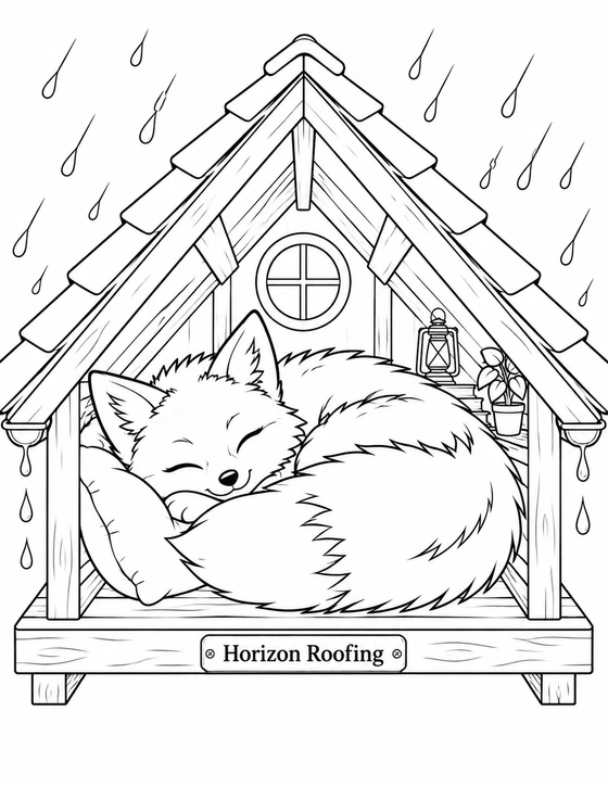 A close-up sleeping fox, its body wrapped in its fluffy tail, fills the width of a shallow attic framed by a protective shingled roof as rain falls outside.