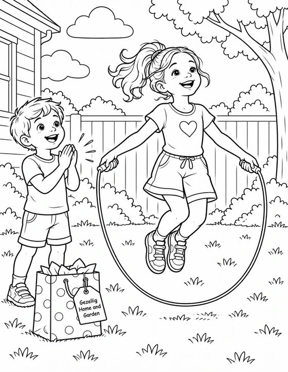 A cheerful girl skips rope in a garden while a younger boy cheers beside a gift bag.