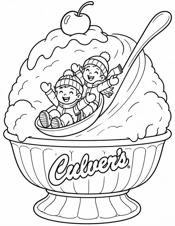 Two bundled children ride a giant spoon down a whipped-cream sundae hill.