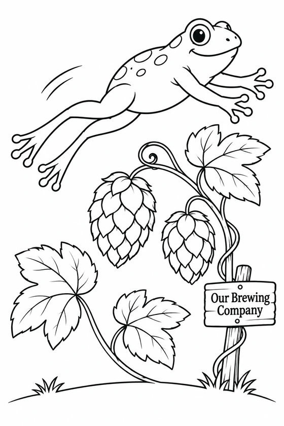 A cheerful frog makes one long, graceful hop above a curling vine with two large hanging hop cones.