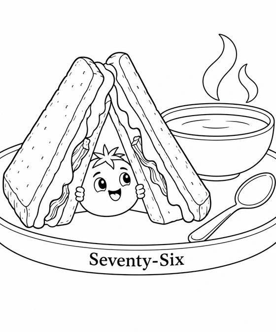 A cheerful tomato camper peeks out from a little tent made of two grilled-cheese sandwich triangles beside a warm bowl of tomato soup.