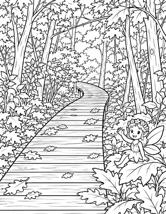 A little woodland sprite waves from a leaf beside a winding DeGraaf boardwalk.