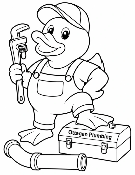 Ottagan Plumbing’s duck mascot poses with a pipe wrench, one webbed foot resting on a toolbox. A broad curved pipe lies in front.