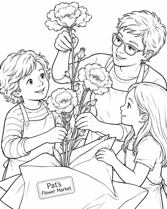 Two children help a grown-up arrange tall flowers in Pat’s Flower Market wrapping.