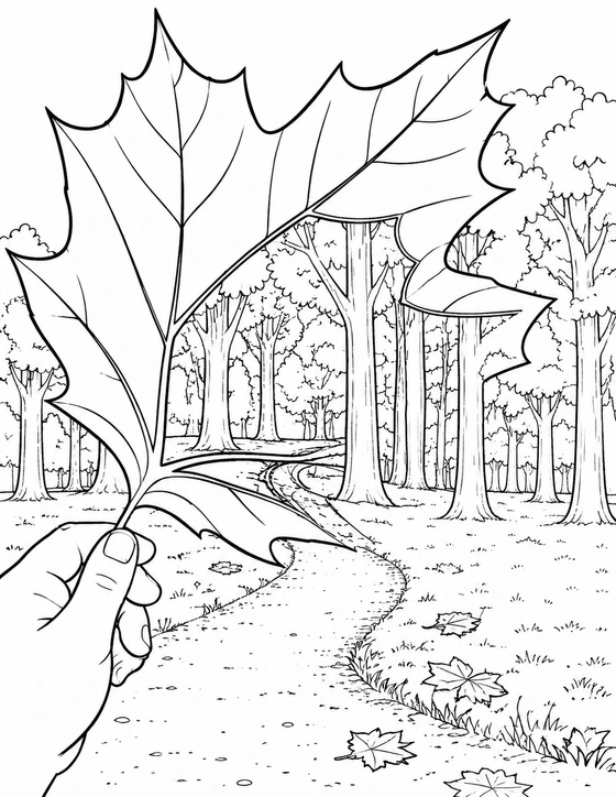 A hand holds a giant leaf with an opening that frames the wooded path at Prospect Park.