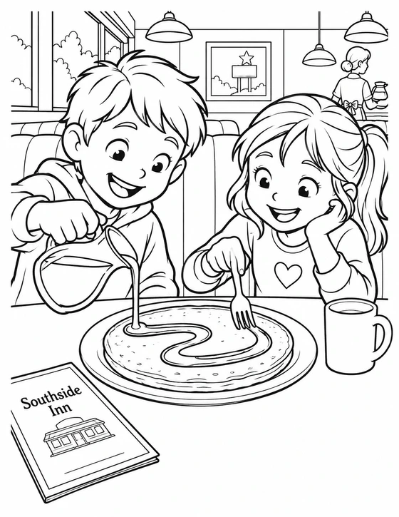 Inside the diner, a child pours syrup in one looping path around a normal-sized pancake while a sibling follows the path with a fork like a tiny breakfast racetrack.