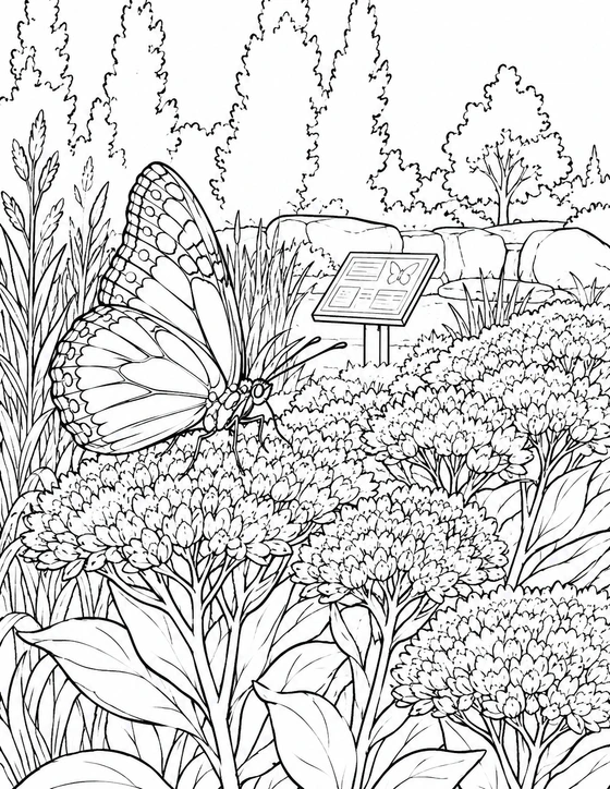 A butterfly rests on a flower cluster amid the grasses and stone garden at Van Bragt Park.
