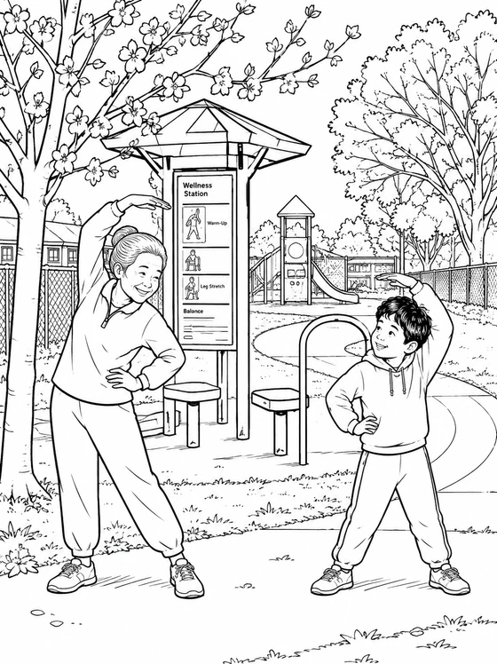 An older adult and a child stretch beside the wellness station at Water Tower Park.