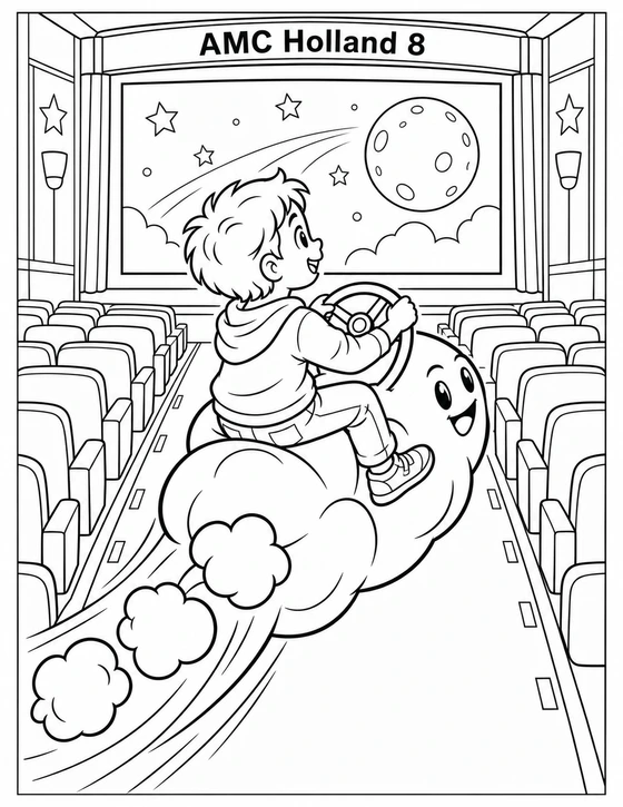 A child pilots a friendly popcorn-comet from the cinema aisle into an imaginative screen adventure, holding the round steering wheel with both hands.