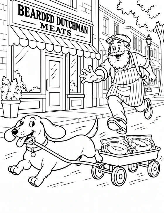 Correct the saved bounding dachshund/wagon picture: the wagon now clearly contains packaged linked brats, and the false window slogan is removed.