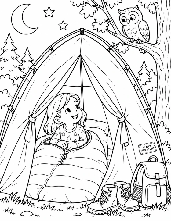 A tent fills the scene; inside, a child already cozy in a sleeping bag peeks through the open flap at a friendly owl in a nearby tree while boots and backpack sit outside.