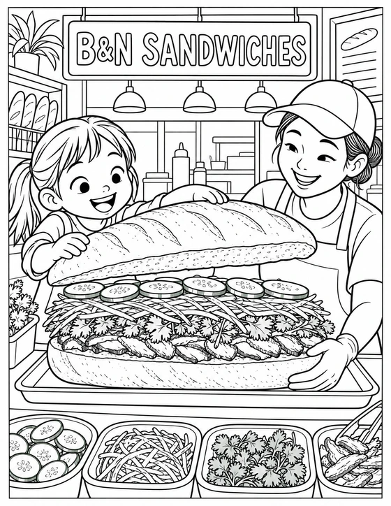 A child helps a sandwich maker build an oversized bánh mì at the B&N counter; colorful-in-potential vegetables and herbs form big separate layers, and the child eagerly lifts the top bread into place.