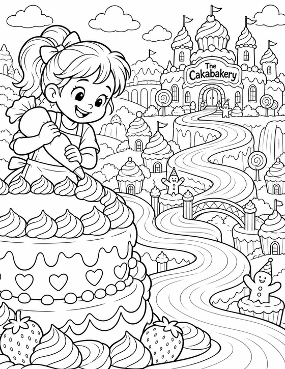 The final icing swirl reveals a playful cake-castle party world.