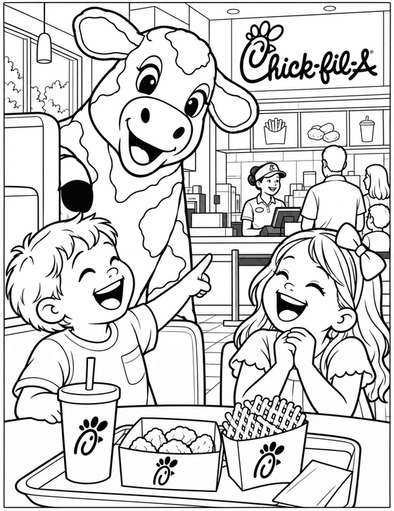Two children spot a mischievous Chick-fil-A Cow peeking around the restaurant booth as their family shares a meal.