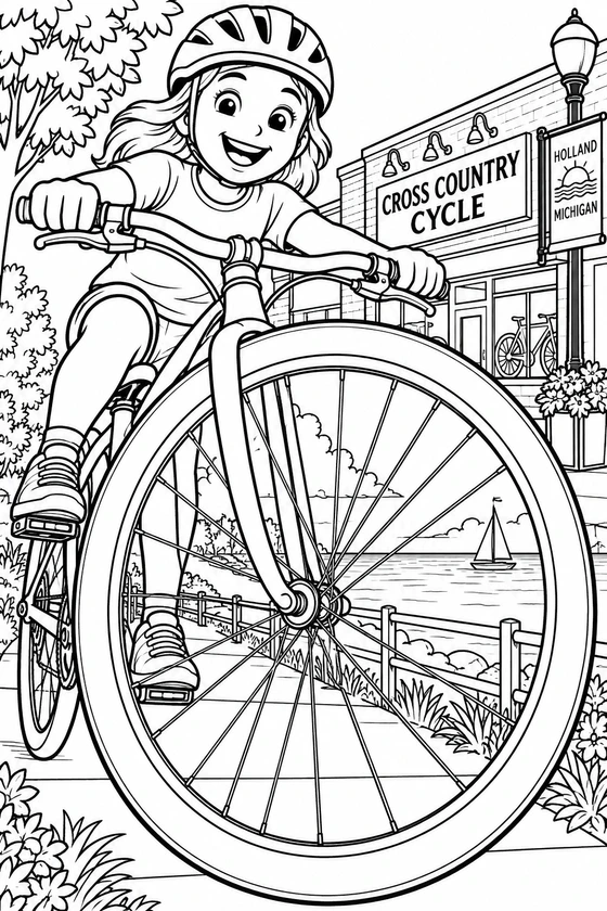 An enormous bicycle wheel frames the flat Holland lakeshore like a round window for a thrilled child rider.