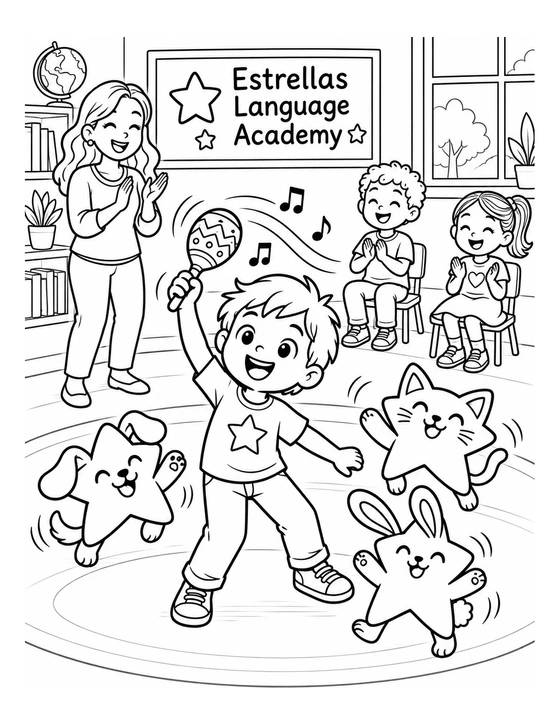 A child shakes one maraca and its rhythm trail unfolds into a parade of friendly star animals.