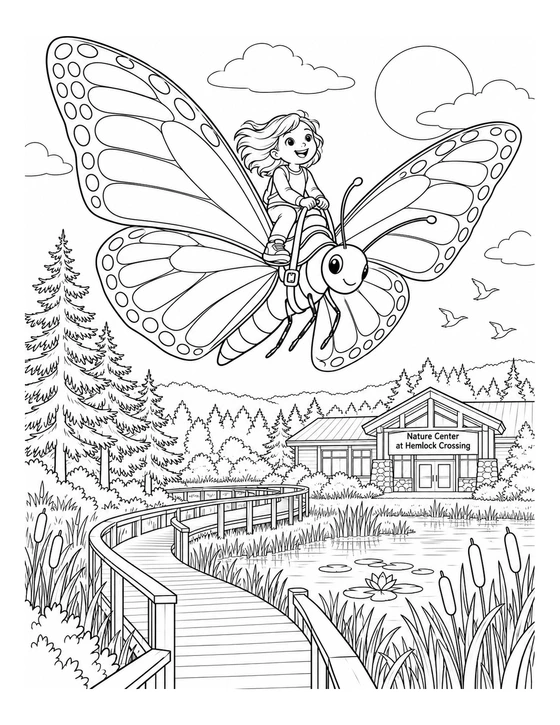 a monarch butterfly grows large enough to carry the child over the nature trail and wetland