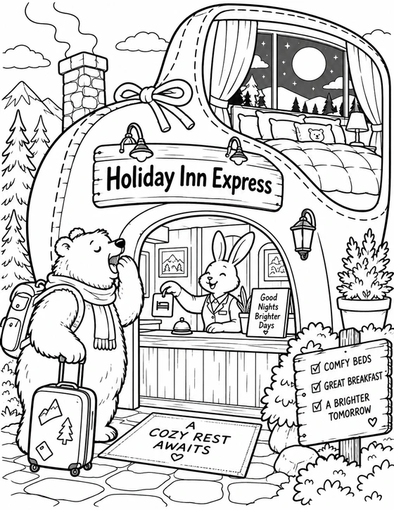 A sleepy bear checks into a whimsical slipper-shaped inn and discovers a blanket-sized moonlit window.