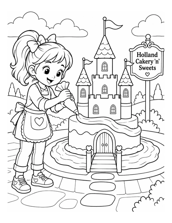 piped icing becomes a moat around a tiered cake castle