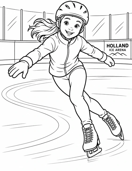 One young skater carves a sweeping solo arc across the rink toward a low ice-level viewpoint.
