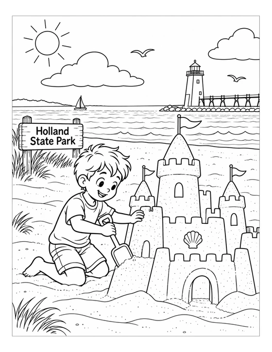 a child-built sandcastle grows into a sweeping beach kingdom with a lighthouse-shaped tower